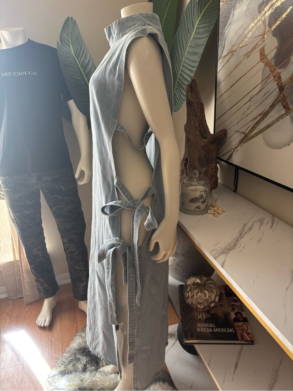 Light Wash Denim Side-Tie Maxi Dress